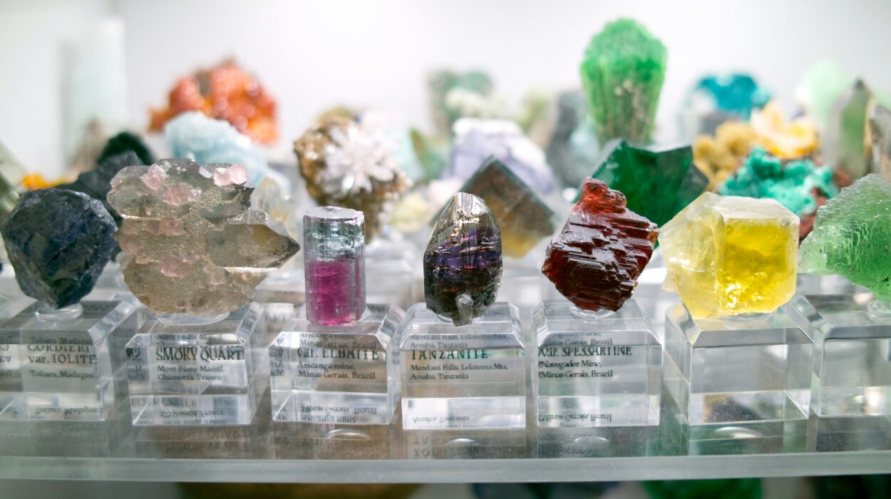 a display case filled with lots of different colored rocks